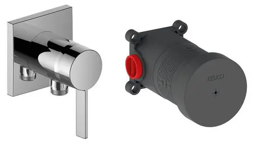 Verchromter Wandmischer von Keuco mit einem Hebel zur Steuerung der Wasserzufuhr und montierbarem Unterteil für einen Schlauchanschluss.
